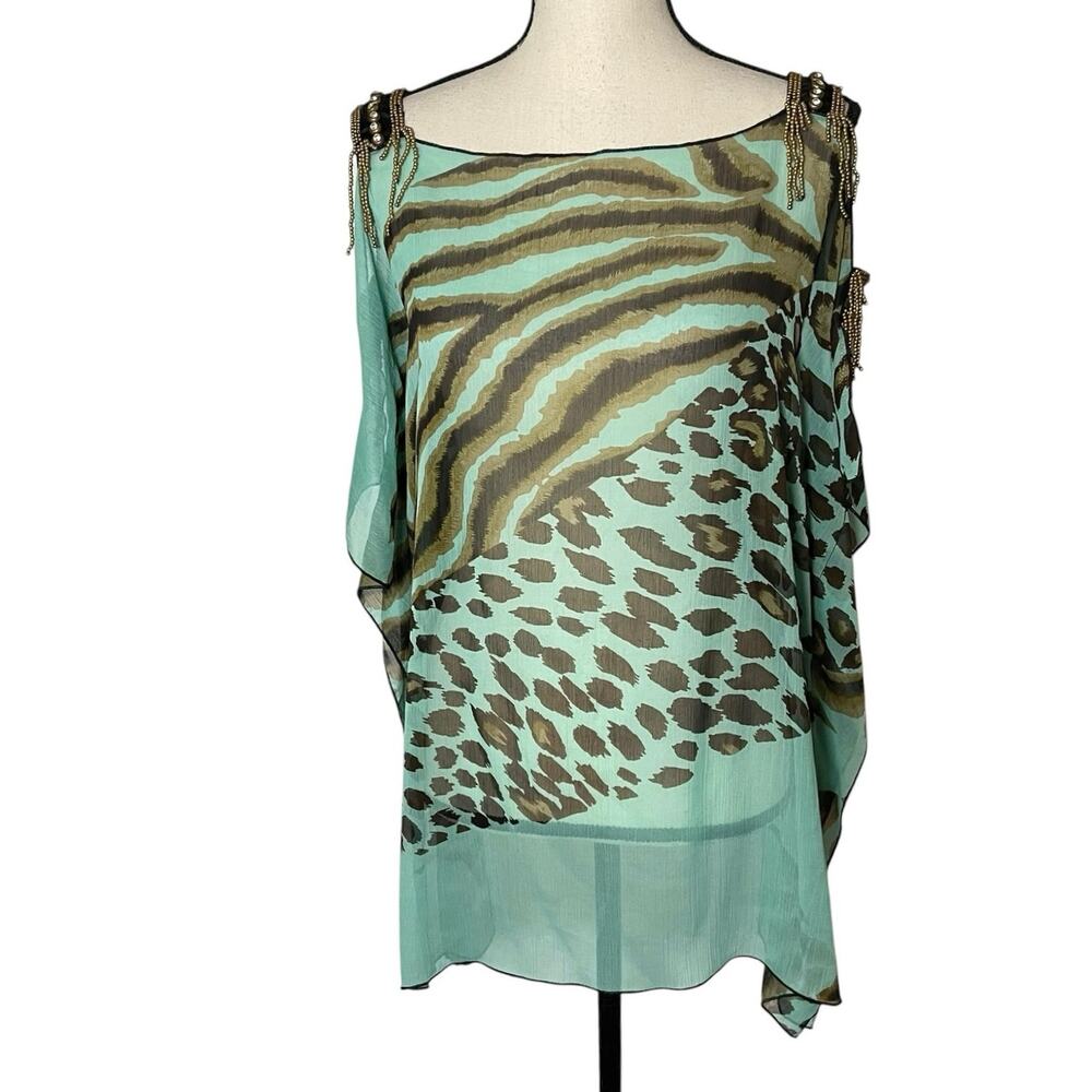 K. Jordan Sheer Aqua Bling Beaded  Animal Print Asymmetrical Kaftan Tunic XL